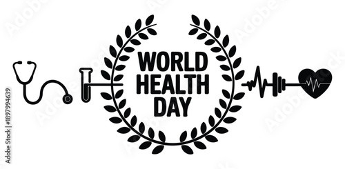 World health day text in laurel wreath with medical equipment and heartbeat vector illustration