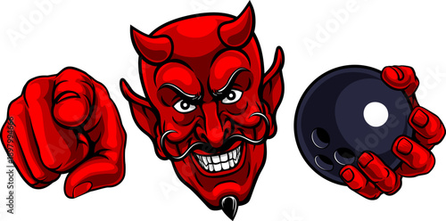 A devil man holding bowling ball and pointing sports team mascot illustration.