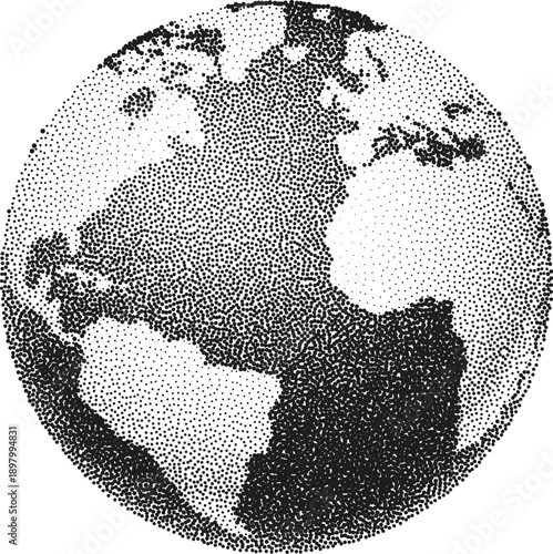 Illustration of a black and white world planet earth globe map. In a vintage newspaper comic photo pointillism dots halftone style.