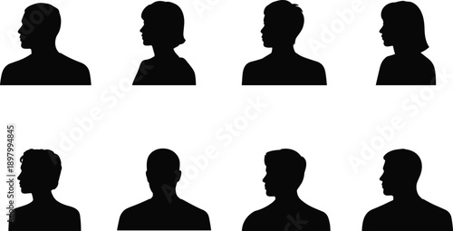 Human head silhouette profiles set showing male and female faces from side view isolated on white background for design and identity concepts