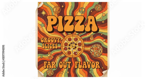 Vibrant retro pizza box with groovy text and far out flavor typography on colorful swirl background