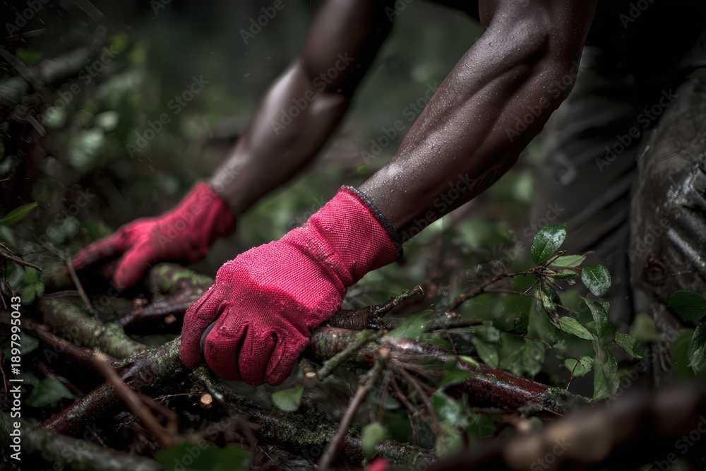 Obraz premium Close-Up of Muscular Forearms in Red Safety Gloves Pulling Branches After a Storm