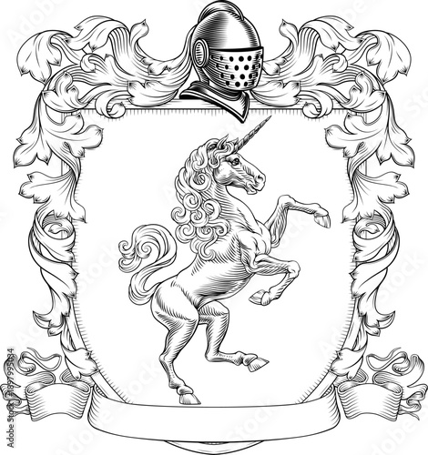 A Unicorn coat of arms or crest family heraldry medieval heraldic knight shield with helmet and acanthus filigree scroll ornament in a vintage woodcut style.