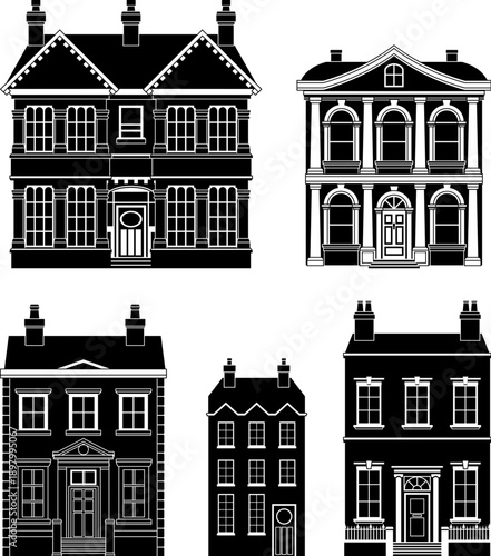 Victorian silhouette house building set with old English houses and buildings. Georgian mansion and manor style homes set. Vintage British architecture facade illustrations for backgrounds set.
