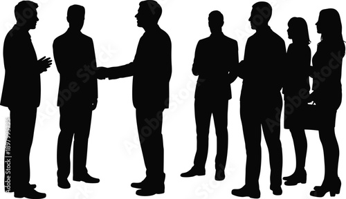 Handshake silhouette group, professional greeting pose, business interaction moment, teamwork and networking concept, social engagement scene, flat vector illustration