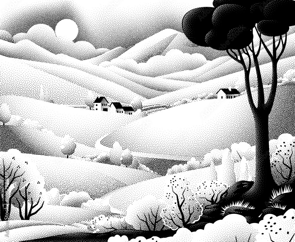 Obraz premium Fields rolling hills and mountains farm landscape background illustration with countryside mountains, sunrise sun, clouds and trees. Original rural background drawing in vintage pointillism dot style