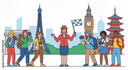 Tour Guide Leading Group

A flat vector illustration of a tour guide leading a group of tourists. Guide holds a small flag or umbrella. City landmarks in the background. 