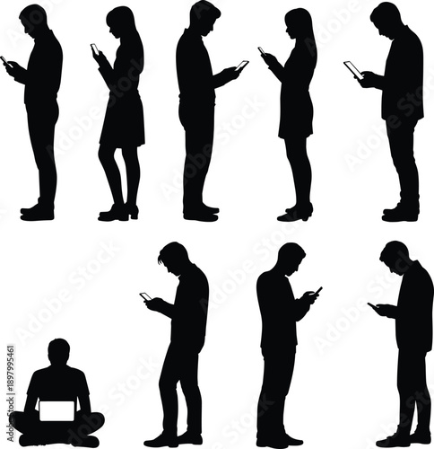 People silhouettes using smartphones and tablets, modern digital communication behavior, social media addiction concept, black minimal flat vector illustration isolated