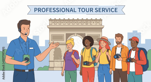 Tour Guide Using Microphone
A flat vector illustration of a tour guide using a microphone or audio device while speaking to a group. Flat vector style, professional tour service scene.