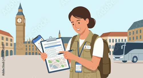 Tour Guide Checking Schedule
A flat vector illustration of a tour guide checking itinerary or schedule on a clipboard or smartphone. Flat vector style, organized travel planning.