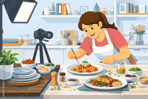Food Stylist Styling for Photoshoot

A flat vector illustration of a food stylist preparing dishes for a photoshoot. Camera, lighting, and styled food on table visible. 