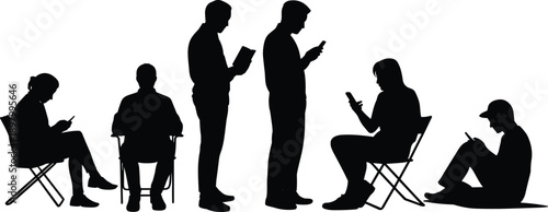 People silhouettes using smartphones while sitting and standing, modern mobile addiction communication concept, social technology flat vector illustration lifestyle trend