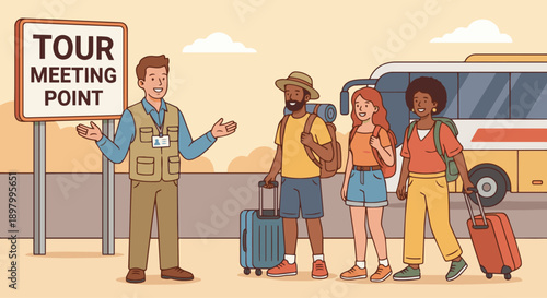 Tour Guide Welcoming Tourists
A flat vector illustration of a tour guide welcoming tourists at a meeting point. Smiling gestures, travel bags visible. Flat vector style, friendly hospitality mood.