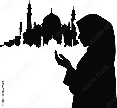 Woman praying in front of mosque silhouette isolated on transparent background, Vector