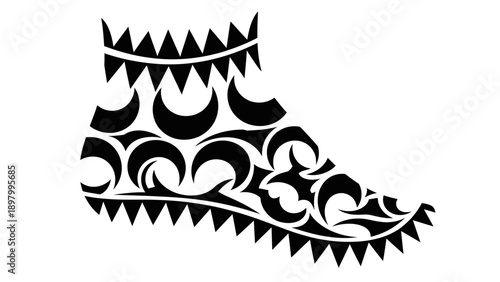 Black and white illustration of a decorated shoe with floral patterns.