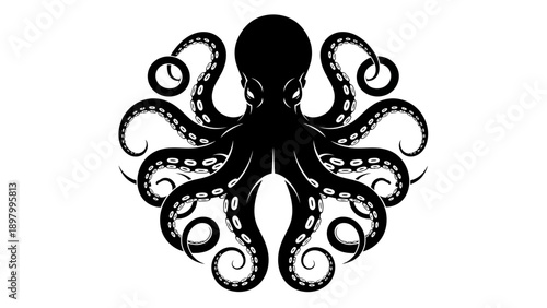 Black silhouette of an octopus with curled tentacles on white background.