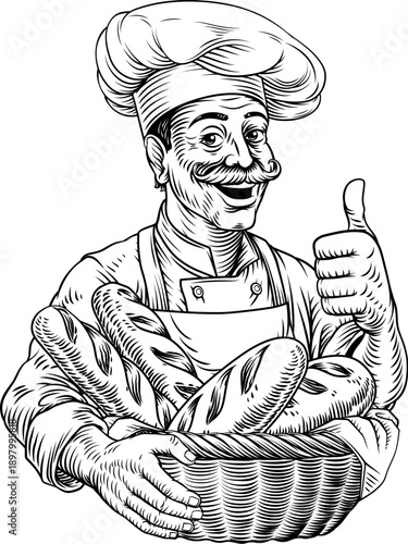 Vintage style woodcut illustration of smiling baker or chef holding a large basket of baguette French bread loves. Perfect for bakeries, artisanal bread brands, cafe menus, or food packaging.