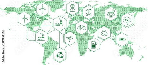 Global sustainability and renewable energy concept with green icons over world map showing eco technology, recycling, and low carbon solutions