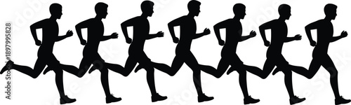 Silhouette of running motion sequence, athletic movement, sports biomechanics, dynamic posture, fitness activity, runner phases, flat vector illustration