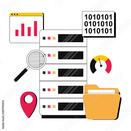 Data Server Rack Illustration with Analytics Dashboard, Magnifying Glass, and Binary Code