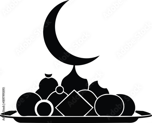 Crescent moon symbol on a plate with fruits and jewels isolated on transparent background, Vector