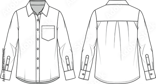 Long sleeve button up shirt technical fashion flat sketch vector template front and back view with chest pocket.