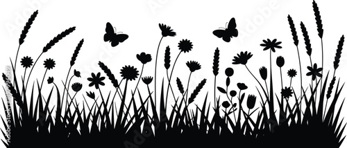 Wildflower meadow silhouette border with grass, flowers, and butterflies isolated on white background for nature design, botanical illustration, and spring landscape concepts