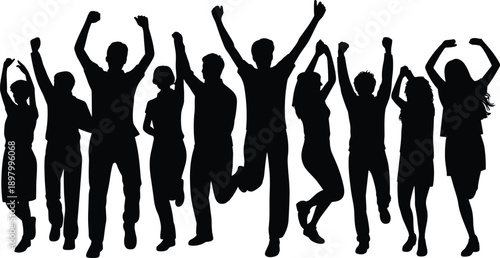 Group of diverse people celebrating, jumping, raising hands, expressing joy, unity, teamwork, happiness, silhouette crowd, festive mood, flat vector illustration