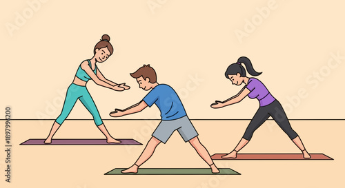 Three people performing yoga poses on mats, promoting fitness and well-being.