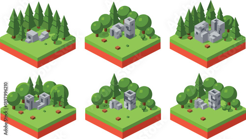 Isometric forest terrain tiles with stone ruins and trees, low poly nature landscapes for strategy games, maps, and environment design