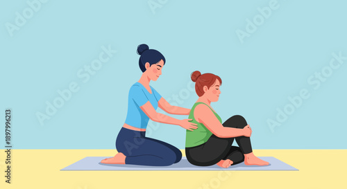 A skilled massage therapist provides therapeutic back treatment to a relaxed individual seated on a yoga mat.