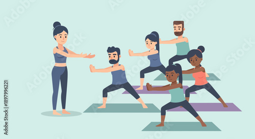 Diverse group practicing yoga poses led by an instructor in a class setting