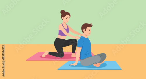 Woman giving yoga back massage to man in relaxing fitness session