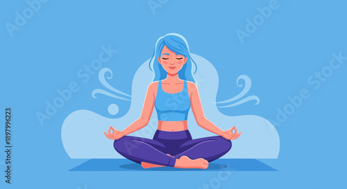 Serene woman with blue hair in a peaceful meditation pose, embodying calm and mindfulness