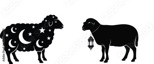 Eid al adha sheep silhouette with celestial and lantern design isolated on transparent background, Vector