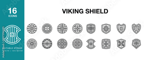 Viking Shield icon set. Includes shield, armor, defense, protection, guard, warrior and More. Editable Stroke Icon Collection.