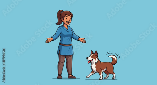 A joyful woman and her happy dog playing together outdoors in a park setting