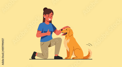 Woman petting a happy golden retriever dog, symbolizing friendship and animal companionship