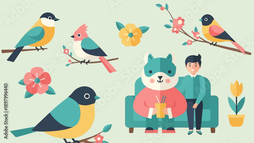Whimsical flat illustration of birds, a man, and an anthropomorphic animal in a cozy setting