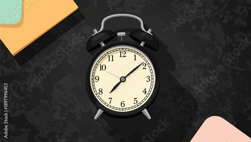 Vintage alarm clock on a textured surface with colorful objects