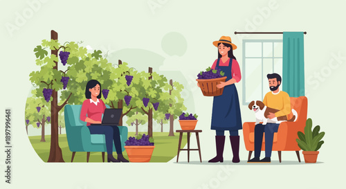 Vineyard workers harvest grapes and relax indoors with a dog