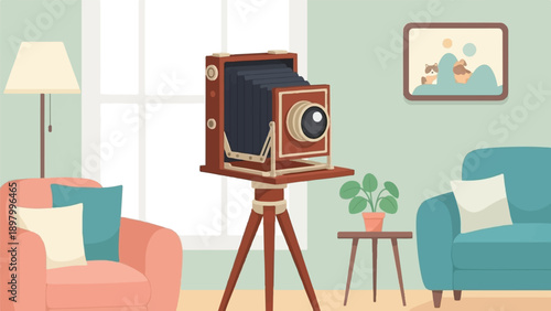 Vintage camera on tripod in a cozy room with sofa and armchair