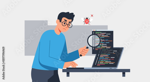 Programmer scrutinizing code for bugs with a magnifying glass, focused on a laptop screen with code and a stylized bug icon.
