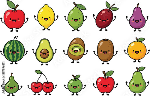 Cute cartoon fruit characters set isolated on white background, smiling food mascots illustration for kids design vector collection