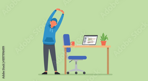 Man stretching at desk with laptop and office chair, symbolizing work-life balance and health break