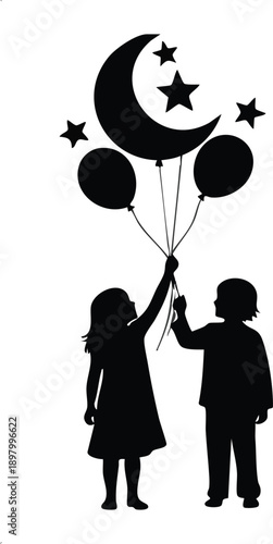 Children reaching for moon and stars with balloons isolated on transparent background, Vector