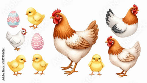 Watercolor chickens and chicks with decorative eggs