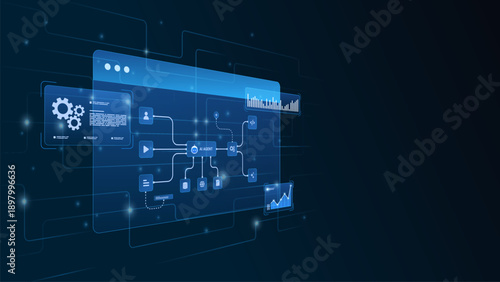 AI workflow automation artificial intelligence. ai agent network diagram dashboard machine learning with processing system, analytics charts and automation system.