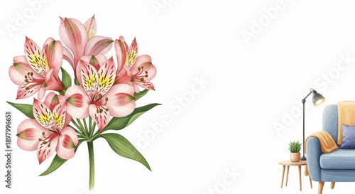 Watercolor flowers beside a cozy blue armchair with a lamp