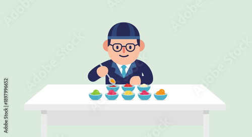 Man in Business Suit Tasting Various Flavors from Small Bowls
